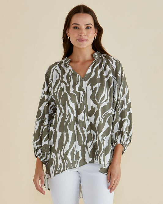Image of Blouses. Productname: Betty Basics Grazia Blouse Olive Geometric Print in Olive Geometric Print colour by brand - Betty Basics