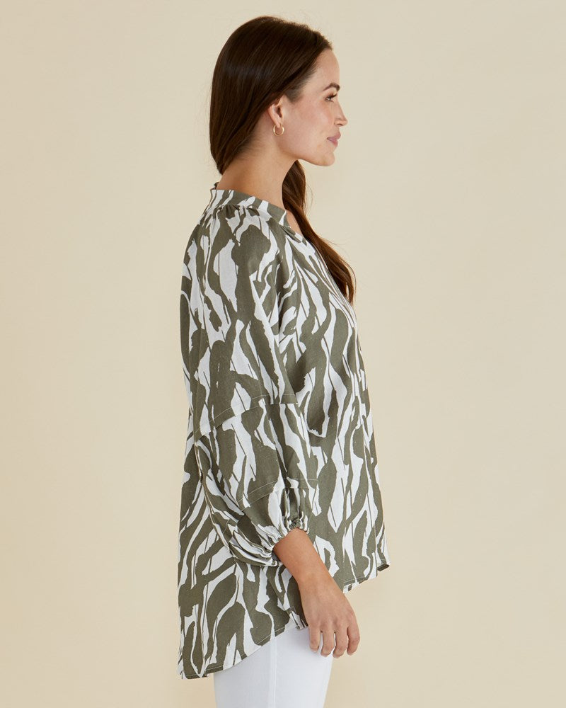 Betty Basics Grazia Blouse (Olive Geometric Print)