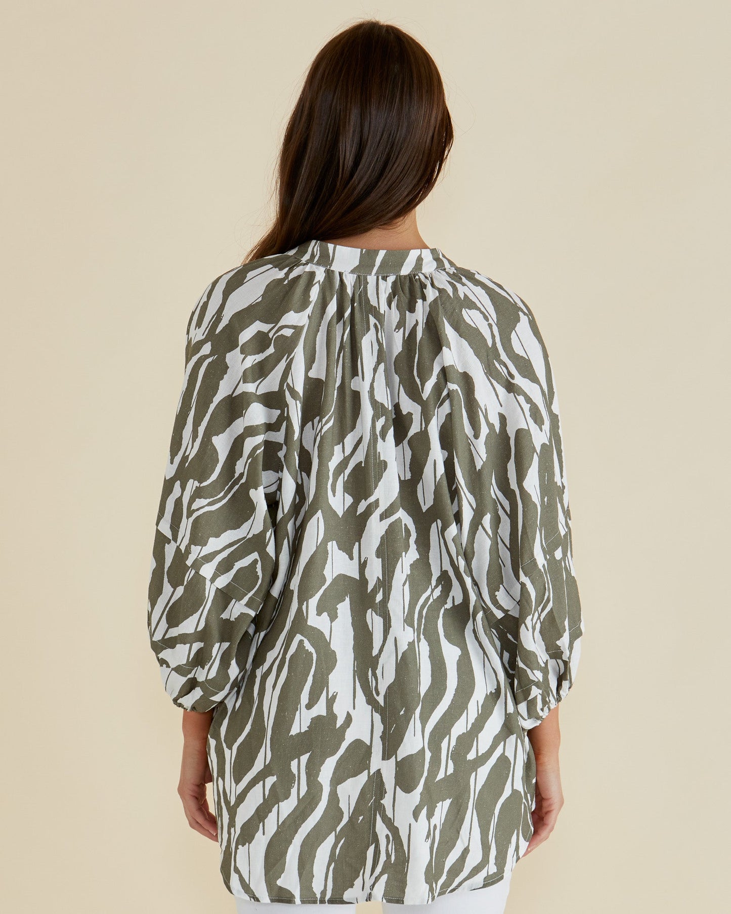 Betty Basics Grazia Blouse (Olive Geometric Print)