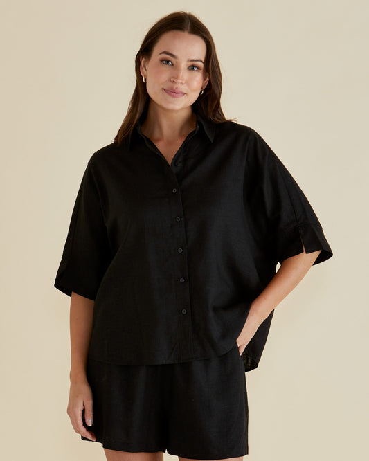 Image of Shirts. Productname: Betty Basics Lynwood Linen Shirt Black in Black colour by brand - Betty Basics