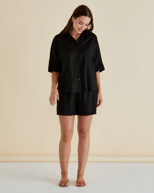 Betty Basics Lynwood Linen Shirt (Black)