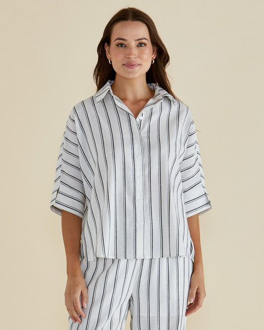 Image of Shirts. Productname: Betty Basics Lynwood Linen Shirt Black/White Stripe in Black/White Stripe colour by brand - Betty Basics