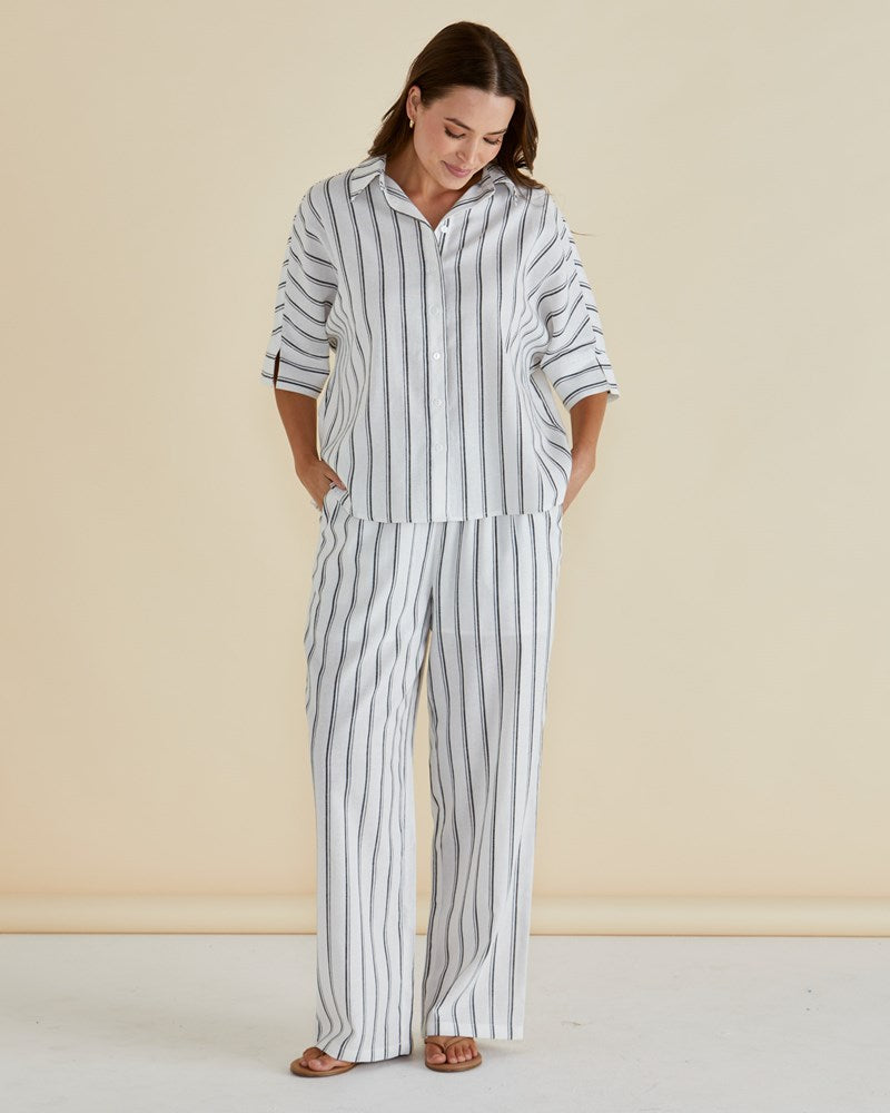 Betty Basics Lynwood Linen Shirt (Black/White Stripe)