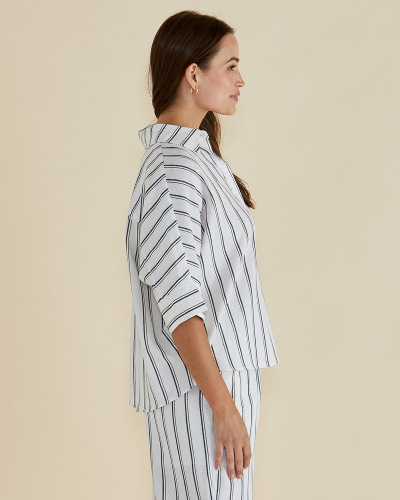 Betty Basics Lynwood Linen Shirt (Black/White Stripe)