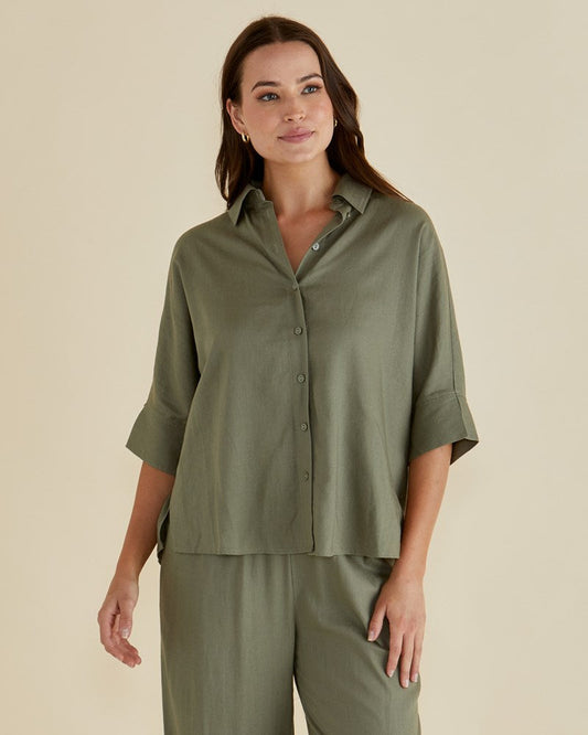 Image of Shirts. Productname: Betty Basics Lynwood Linen Shirt Olive in Olive colour by brand - Betty Basics