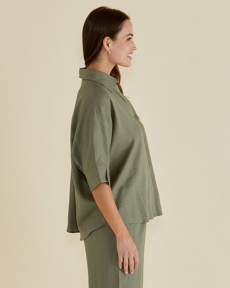 Betty Basics Lynwood Linen Shirt (Olive)