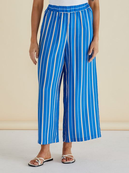 Image of a model wearing Pants. Productname: Betty Basics Sable Wide Leg Pant Blue Stripe in Blue Stripe colour by brand - Betty Basics
