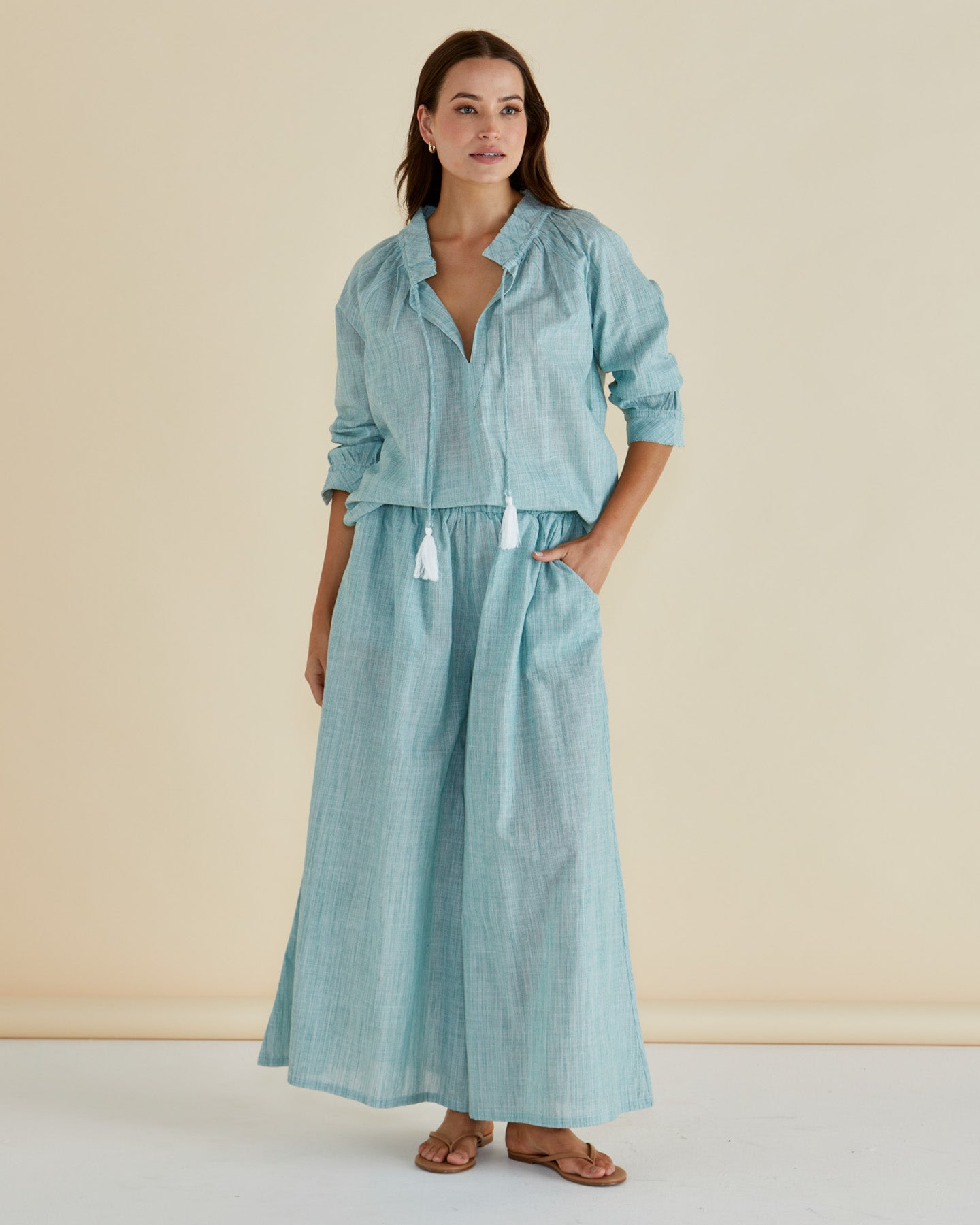 Image of a model wearing Pants. Productname: Betty Basics Tatum Wide Leg Pant Green Stripe in Green Stripe colour by brand - Betty Basics