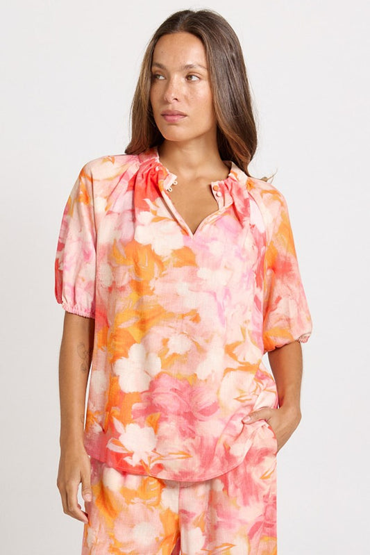 Image of Blouses. Product name - Joanne Linen Blend Blouse Brushed Floral Print in Brushed Floral Print colour by brand - Betty Basics