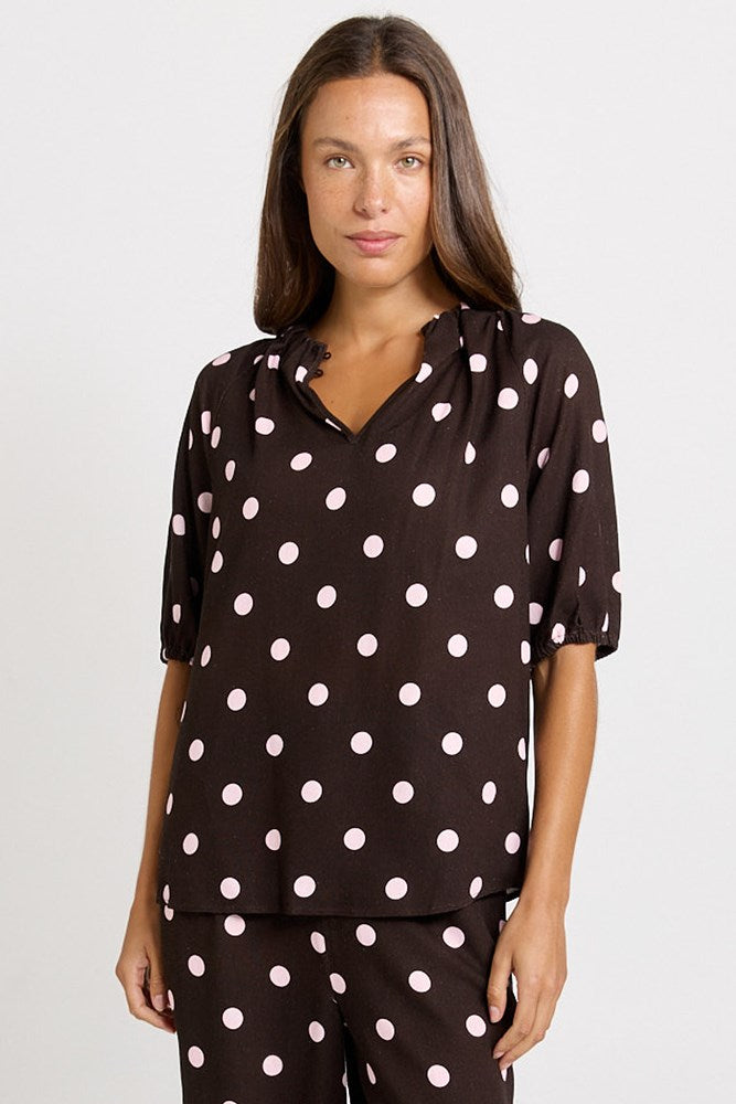 Image of Blouses. Product name - Joanne Linen Blend Blouse Pink/Choc Polka Dot in Pink/Choc Polka Dot colour by brand - Betty Basics