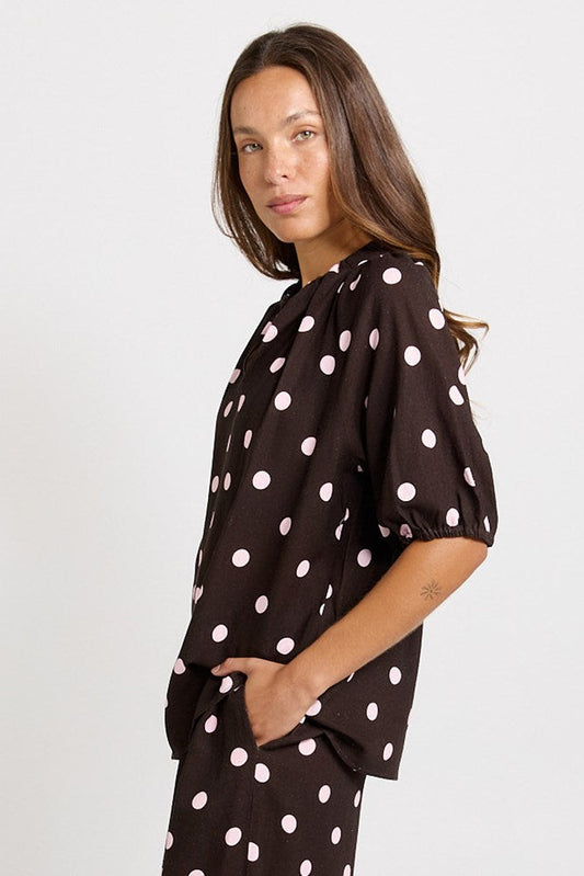 Betty Basics Joanne Linen Blend Blouse (Pink/Choc Polka Dot)