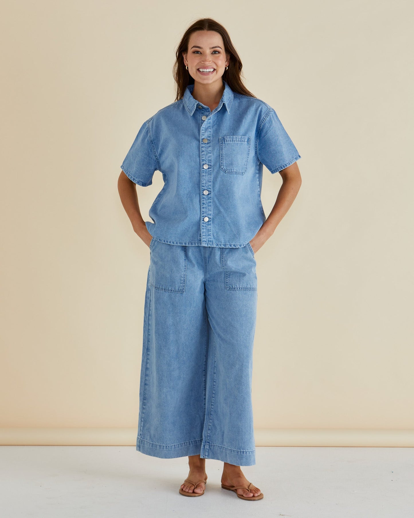 Betty Basics Saffra Short Sleeve Denim Shirt (Medium Wash)
