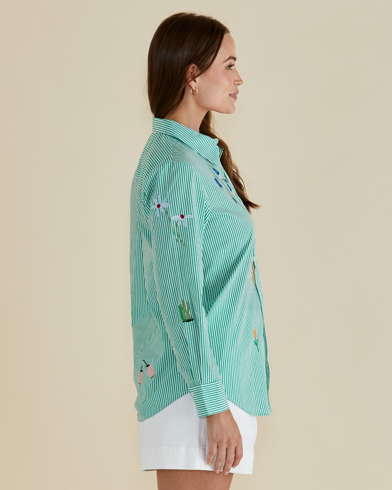 Betty Basics Kimmie Floral Shirt (Floral Green Stripe)