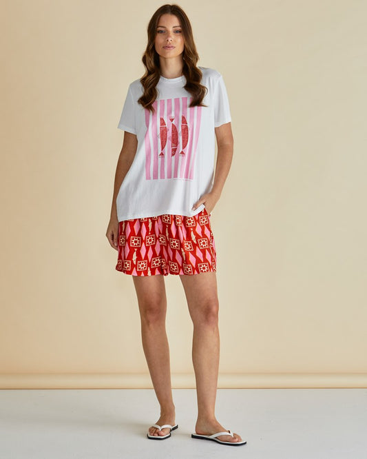Image of a model wearing Shorts. Productname: Betty Basics Copacabana Short Sardinia Geo Print in Sardinia Geo Print colour by brand - Betty Basics