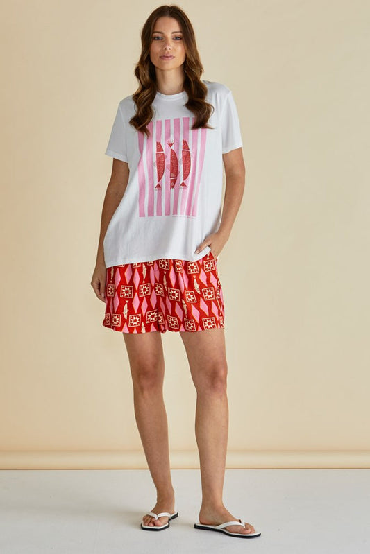 Image of a model wearing Shorts. Product name - Copacabana Short Sardinia Geo Print in Sardinia Geo Print colour by brand - Betty Basics