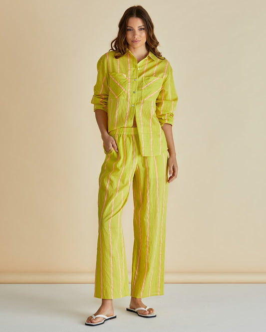Image of a model wearing Pants. Productname: Betty Basics Hayman Pant Yellow/Pink Stripe in Yellow/Pink Stripe colour by brand - Betty Basics