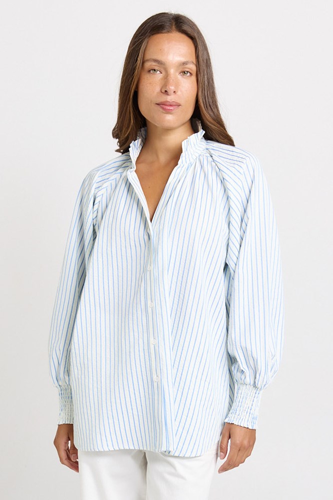 Image of Shirts. Product name - Romi Long Sleeve Shirt Blue Stripe in Blue Stripe colour by brand - Betty Basics