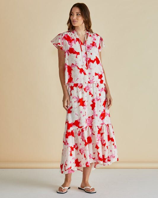 Betty Basics Lyra Blouse (Red Floral Print)