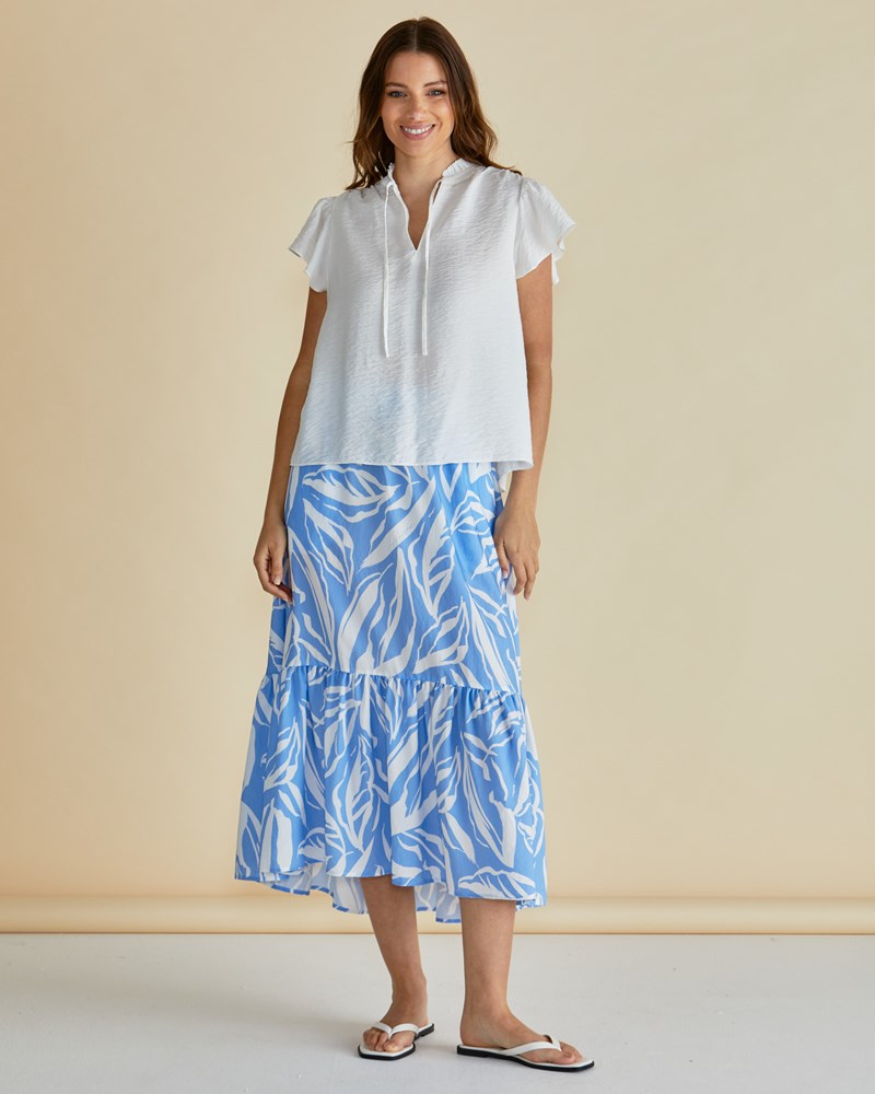 Image of a model wearing Skirts. Productname: Betty Basics Maggie Skirt Blue Abstract Print in Blue Abstract Print colour by brand - Betty Basics