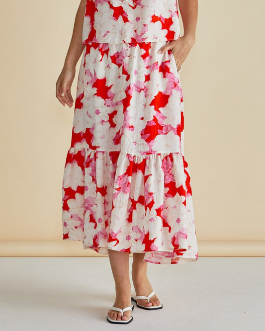 Betty Basics Maggie Skirt (Red Floral Print)