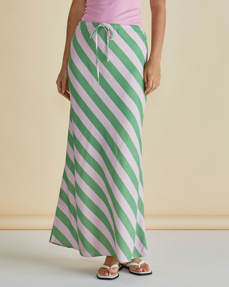 Betty Basics Brooke Bias Skirt (Green/Pink Stripe)