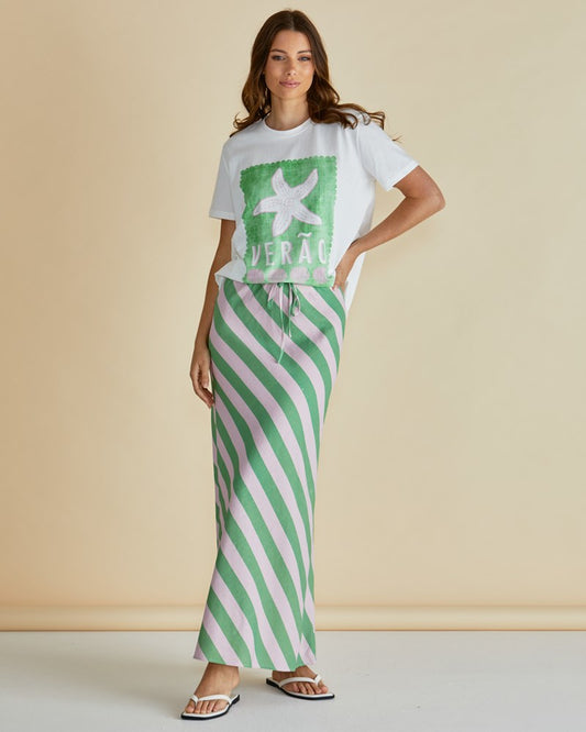 Betty Basics Brooke Bias Skirt (Green/Pink Stripe)
