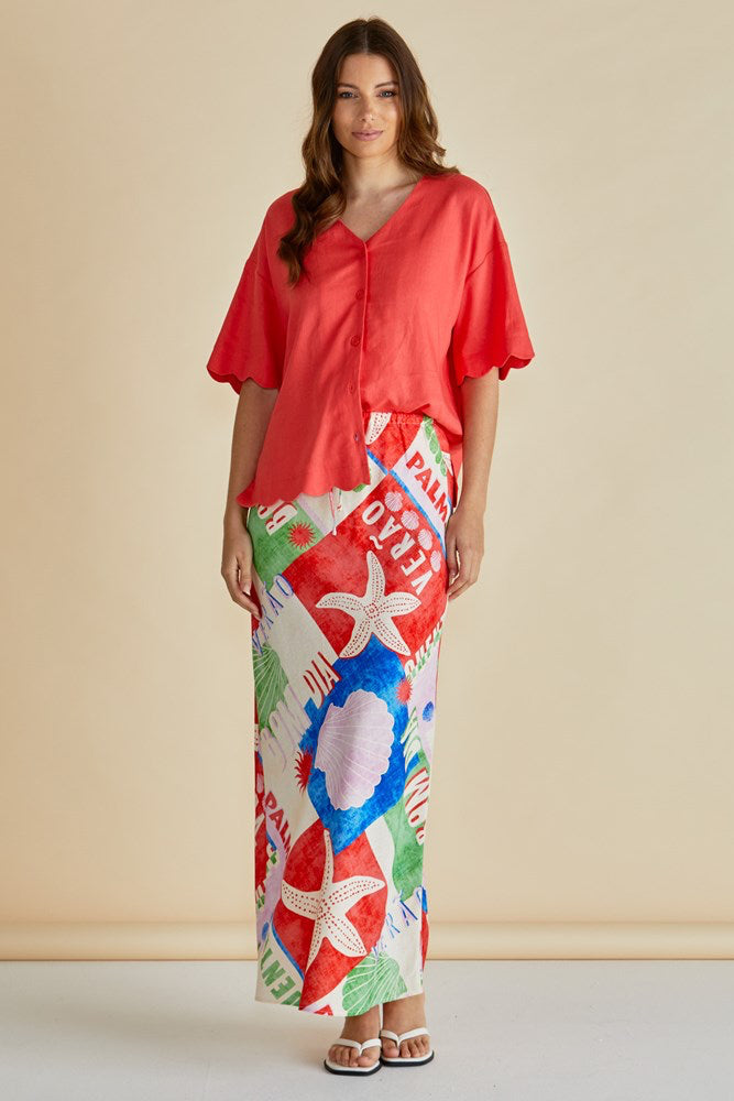 Image of a model wearing Skirts. Productname: Betty Basics Brooke Bias Skirt Seashell Print in Seashell Print colour by brand - Betty Basics