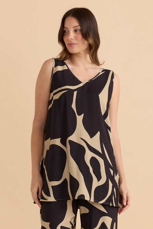 Image of a model wearing Outerwear. Productname: Betty Basics Lana Tunic Tank Monochrome Floral in Monochrome Floral colour by brand - Betty Basics