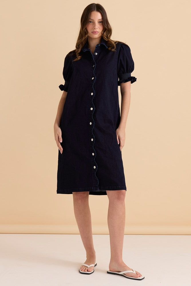 Betty Basics Scallop Denim Dress (Indigo Blue)