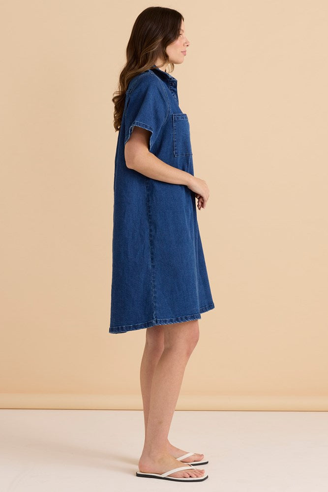 Betty Basics Shift Denim Shirt Dress Dusty Print (Dusty Blue)