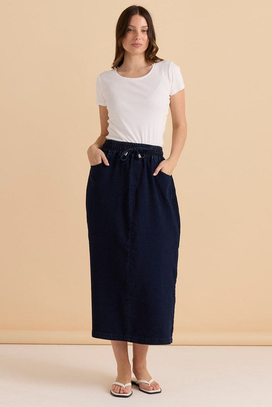 Image of a model wearing Pants. Productname: Betty Basics Maxi Jogger Skirt Dark Blue Wash in Dark Blue Wash colour by brand - Betty Basics