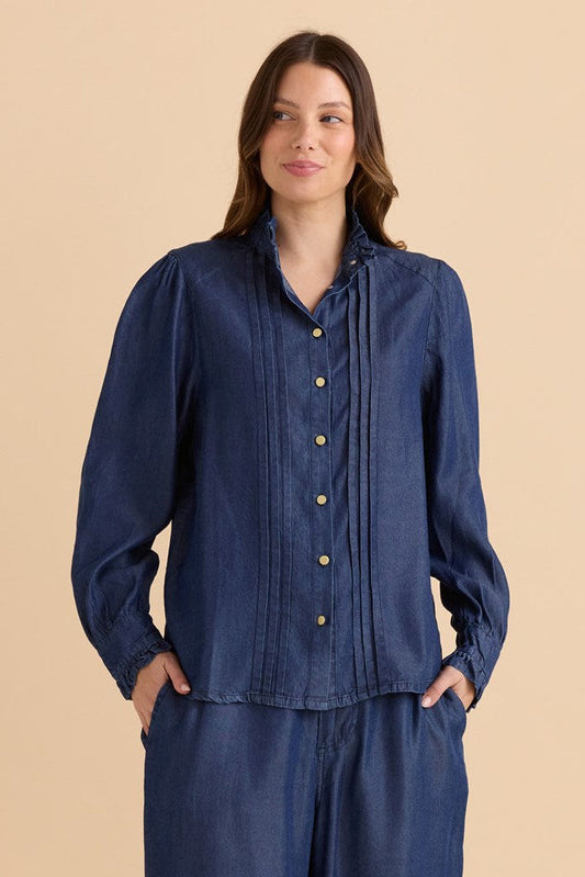 Image of Shirts. Productname: Betty Basics Lucille Lyocell Pleated Shirt Dark Blue Wash in Dark Blue Wash colour by brand - Betty Basics