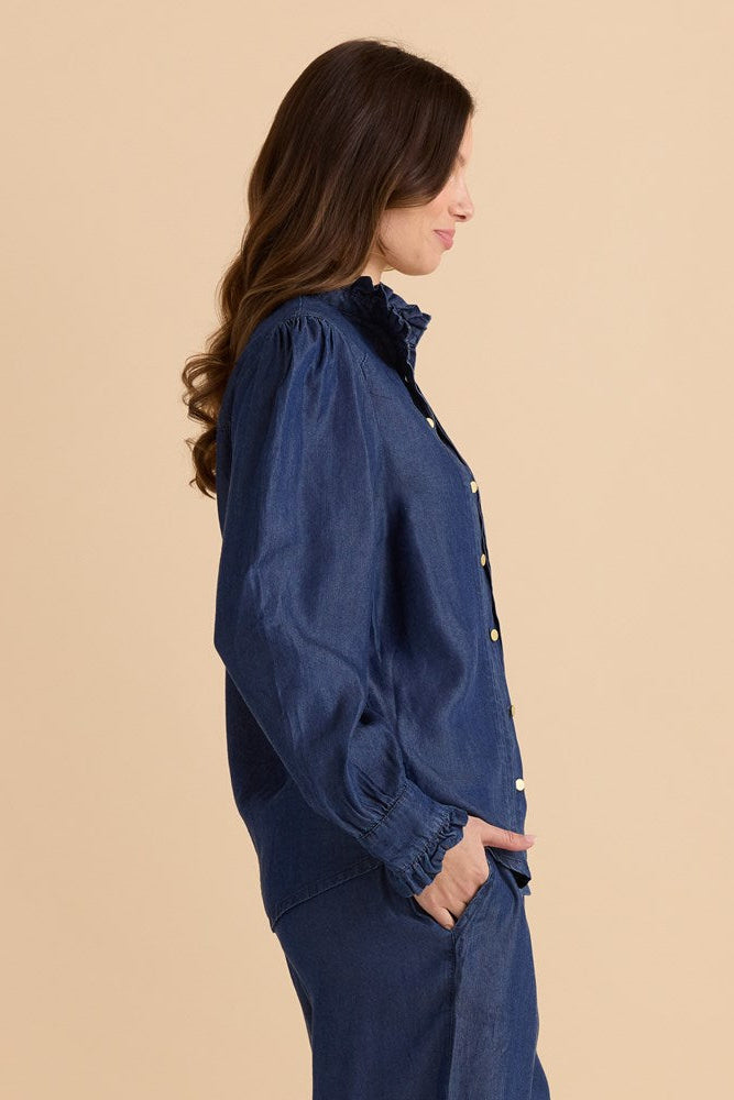 Betty Basics Lucille Lyocell Pleated Shirt (Dark Blue Wash)