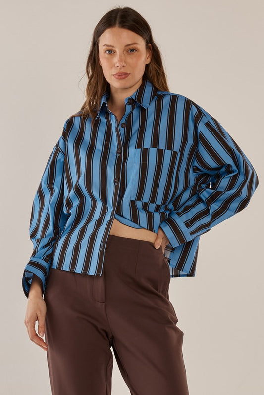 Image of Shirts. Product name - Erin Crop Shirt Chocolate/Cornflower Stripe in Chocolate/Cornflower Stripe colour by brand - Betty Basics