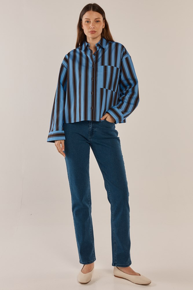 Betty Basics Erin Crop Shirt (Chocolate/Cornflower Stripe)