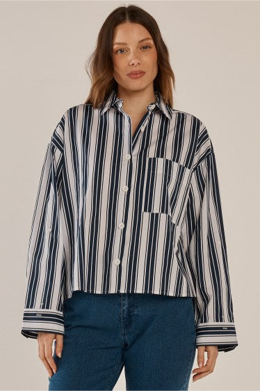 Image of Shirts. Product name - Erin Crop Shirt Navy/White Stripe in Navy/White Stripe colour by brand - Betty Basics