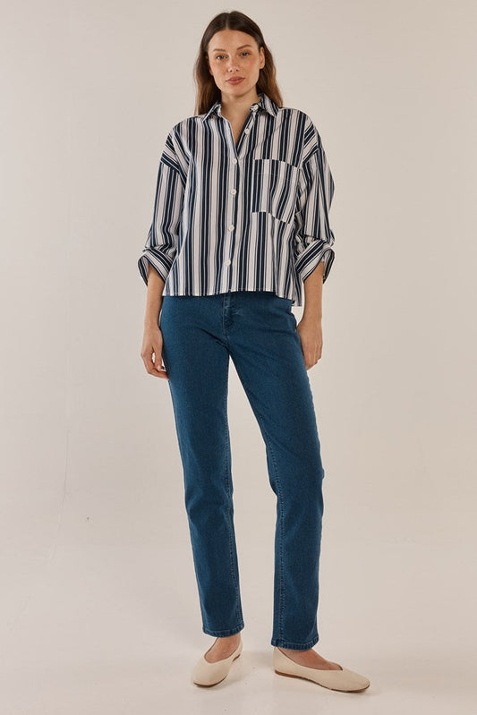 Betty Basics Erin Crop Shirt (Navy/White Stripe)