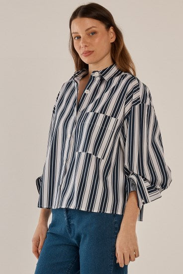 Betty Basics Erin Crop Shirt (Navy/White Stripe)