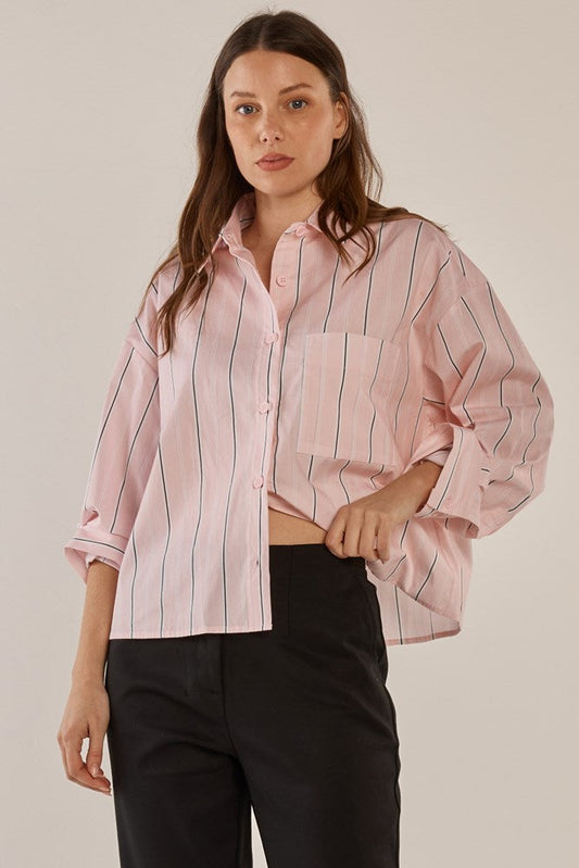 Image of Shirts. Product name - Erin Crop Shirt Pink/Chocolate Stripe in Pink/Chocolate Stripe colour by brand - Betty Basics