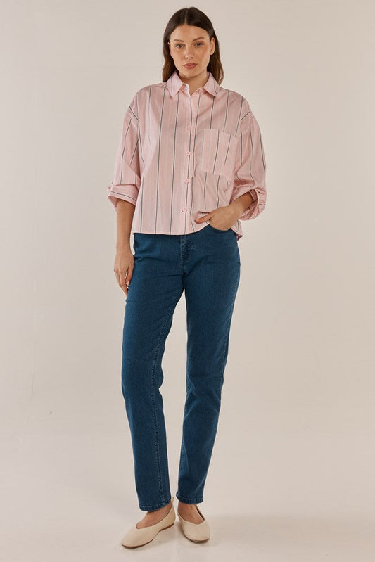 Betty Basics Erin Crop Shirt (Pink/Chocolate Stripe)