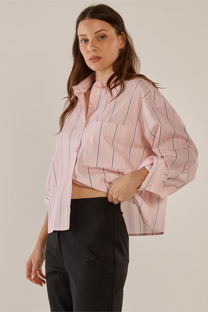 Betty Basics Erin Crop Shirt (Pink/Chocolate Stripe)