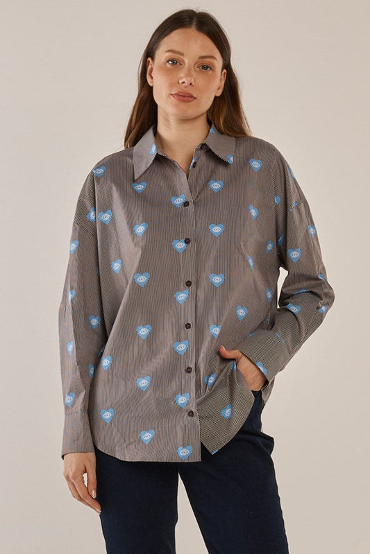 Image of Shirts. Product name - Athena Shirt Mythology Stripe Print in Mythology Stripe Print colour by brand - Betty Basics