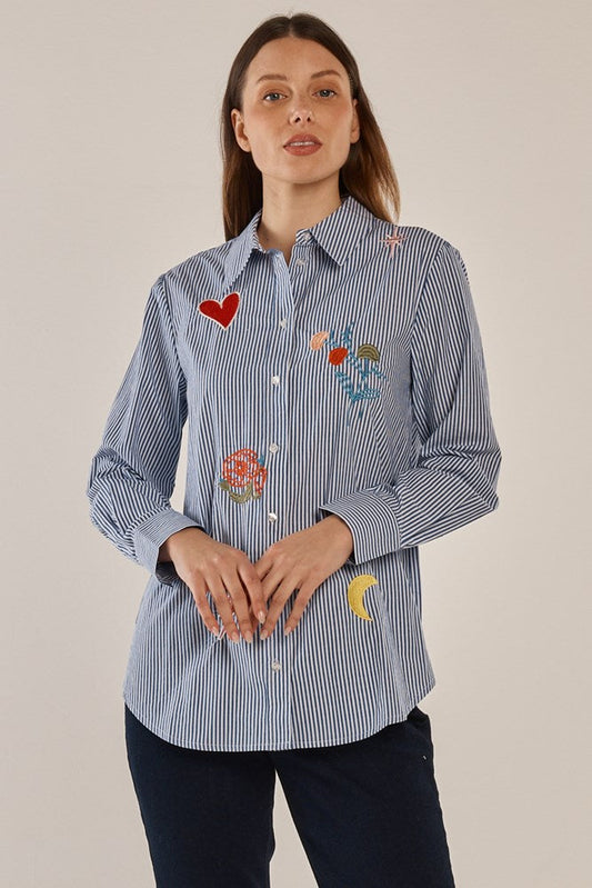 Image of Shirts. Productname: Betty Basics Amelia Shirt Floral Navy Stripe in Floral Navy Stripe colour by brand - Betty Basics