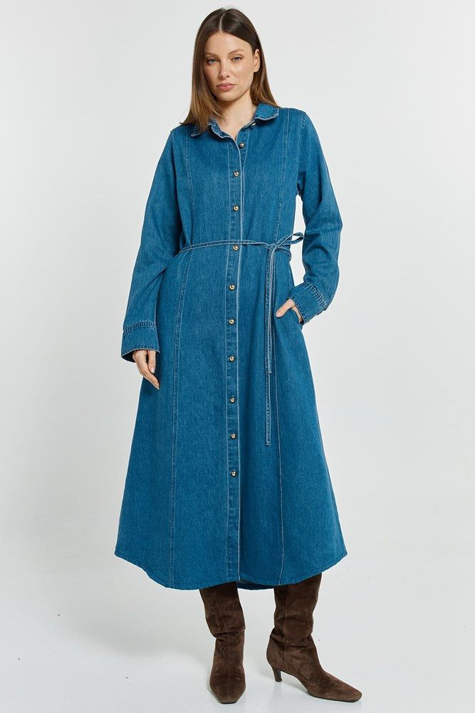 Image of Dresses. Product name - Nico Denim Dress Mid Blue in Mid Blue colour by brand - Betty Basics