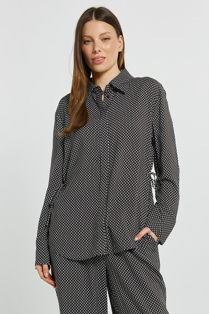 Image of Shirts. Product name - Tessa Tie Shirt Nutmeg Geo Print in Nutmeg Geo Print colour by brand - Betty Basics