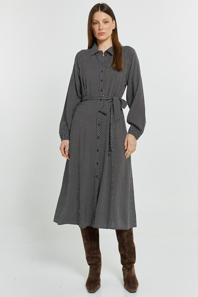 Image of Dresses. Product name - Tessa Shirt Dress Nutmeg Geo Print in Nutmeg Geo Print colour by brand - Betty Basics