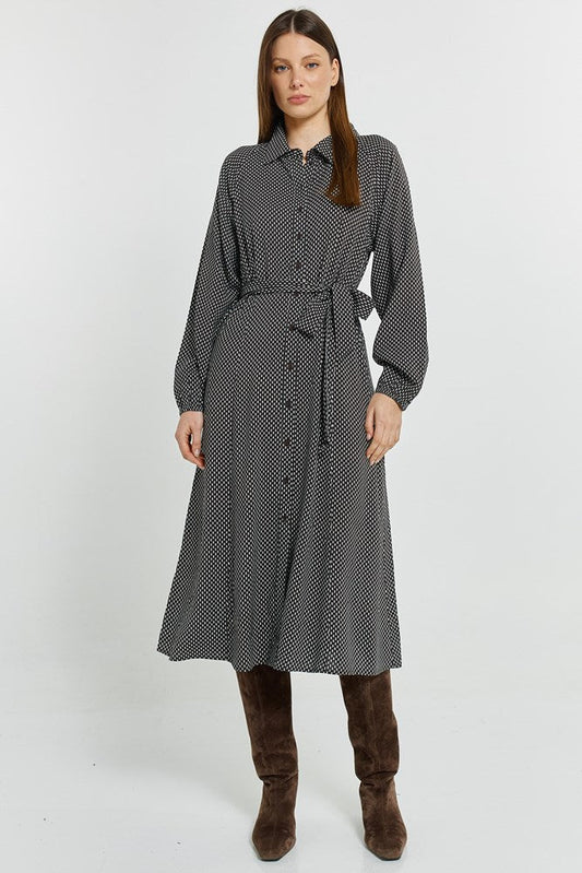 Image of Dresses. Product name - Tessa Shirt Dress Nutmeg Geo Print in Nutmeg Geo Print colour by brand - Betty Basics