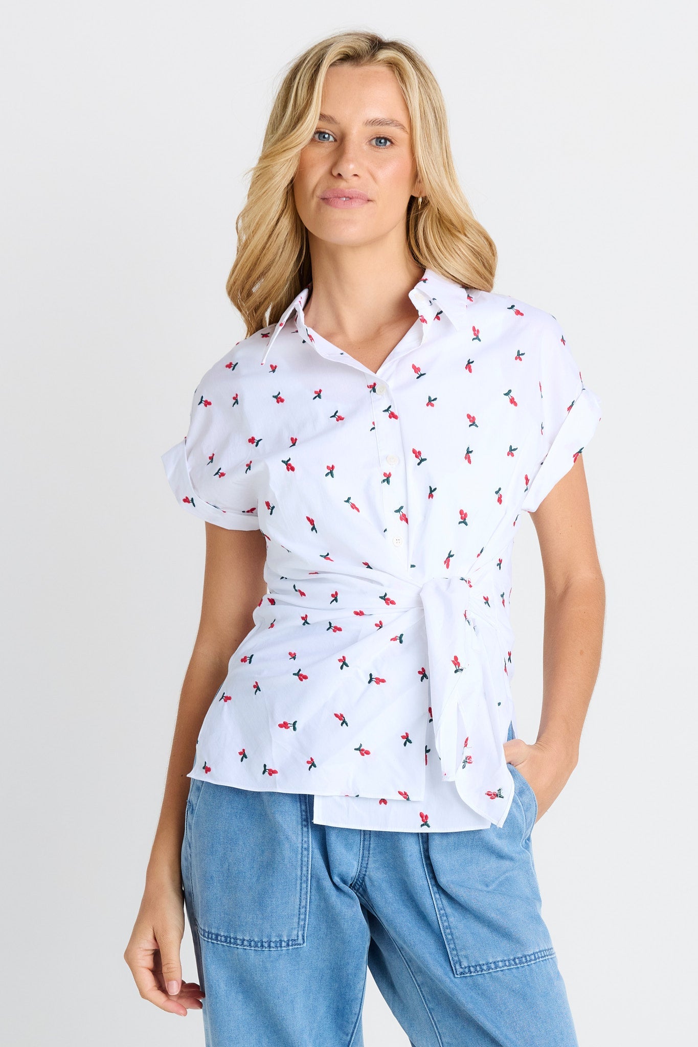 Image of Shirts. Product name - Scout Tie Shirt in Cherry Embroidery colour by brand - Betty Basics