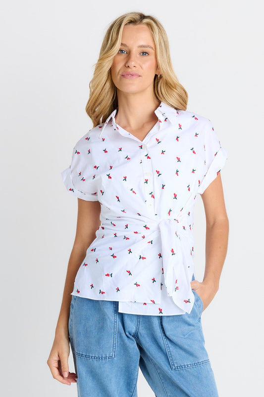 Image of Shirts. Product name - Scout Tie Shirt in Cherry Embroidery colour by brand - Betty Basics