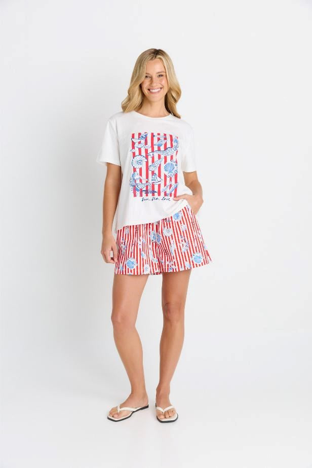 Image of a model wearing Shorts. Product name - Amalfi Short in Amalfi Print colour by brand - Betty Basics